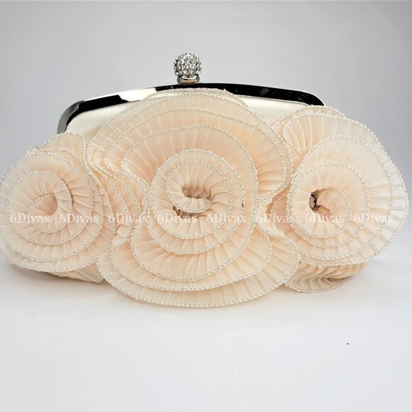 Beige Floral Twirl Applique Satin Clutch Purse  with Clasp Closure - Picture 1 of 14